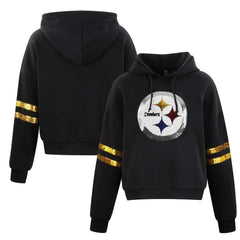Cuce Women's Cropped Sequins Pullover Hoodie - Pittsburgh Steelers Hoodies