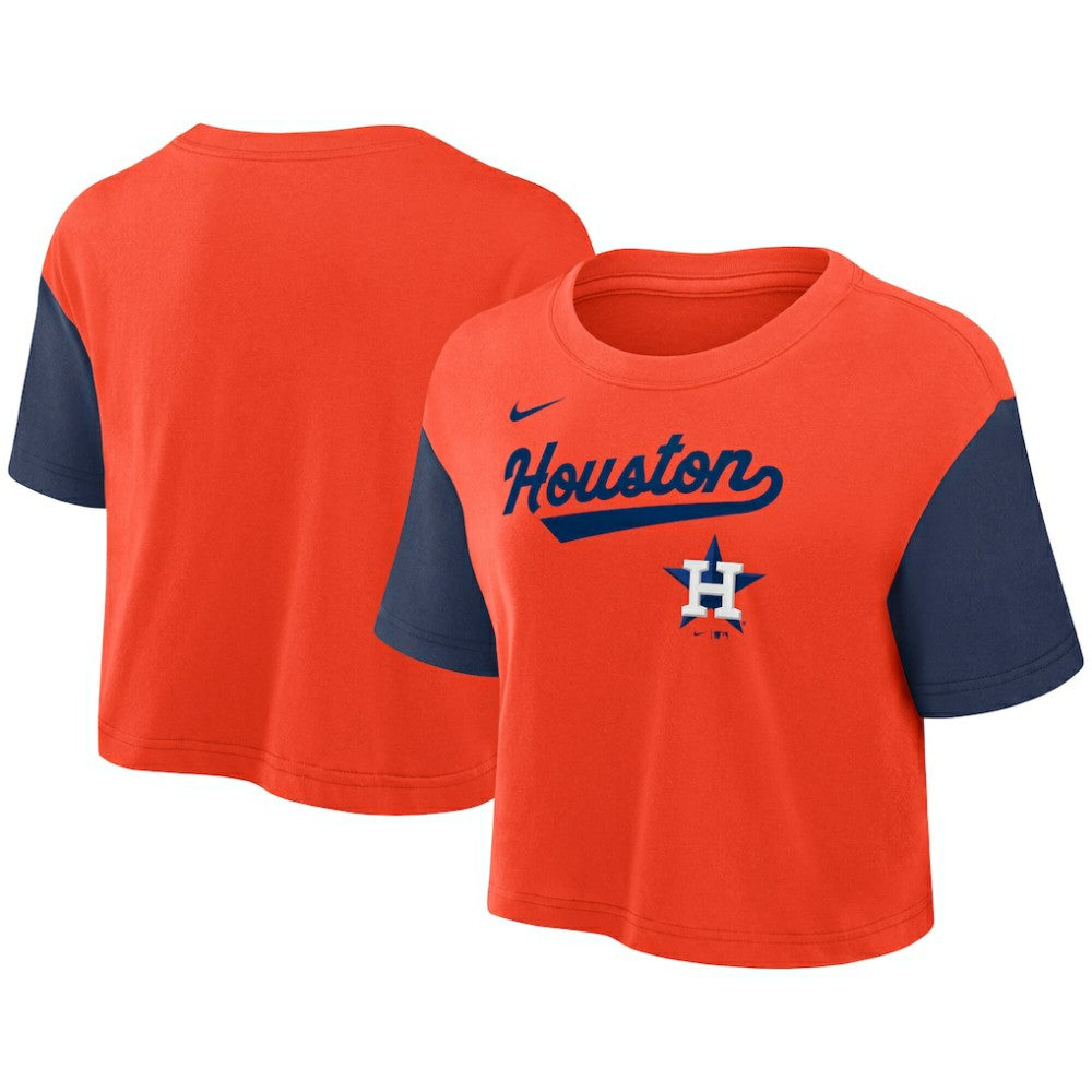 Orange/Navy Houston Astros Nike Women's Script Dri-FIT Cropped T-Shirt