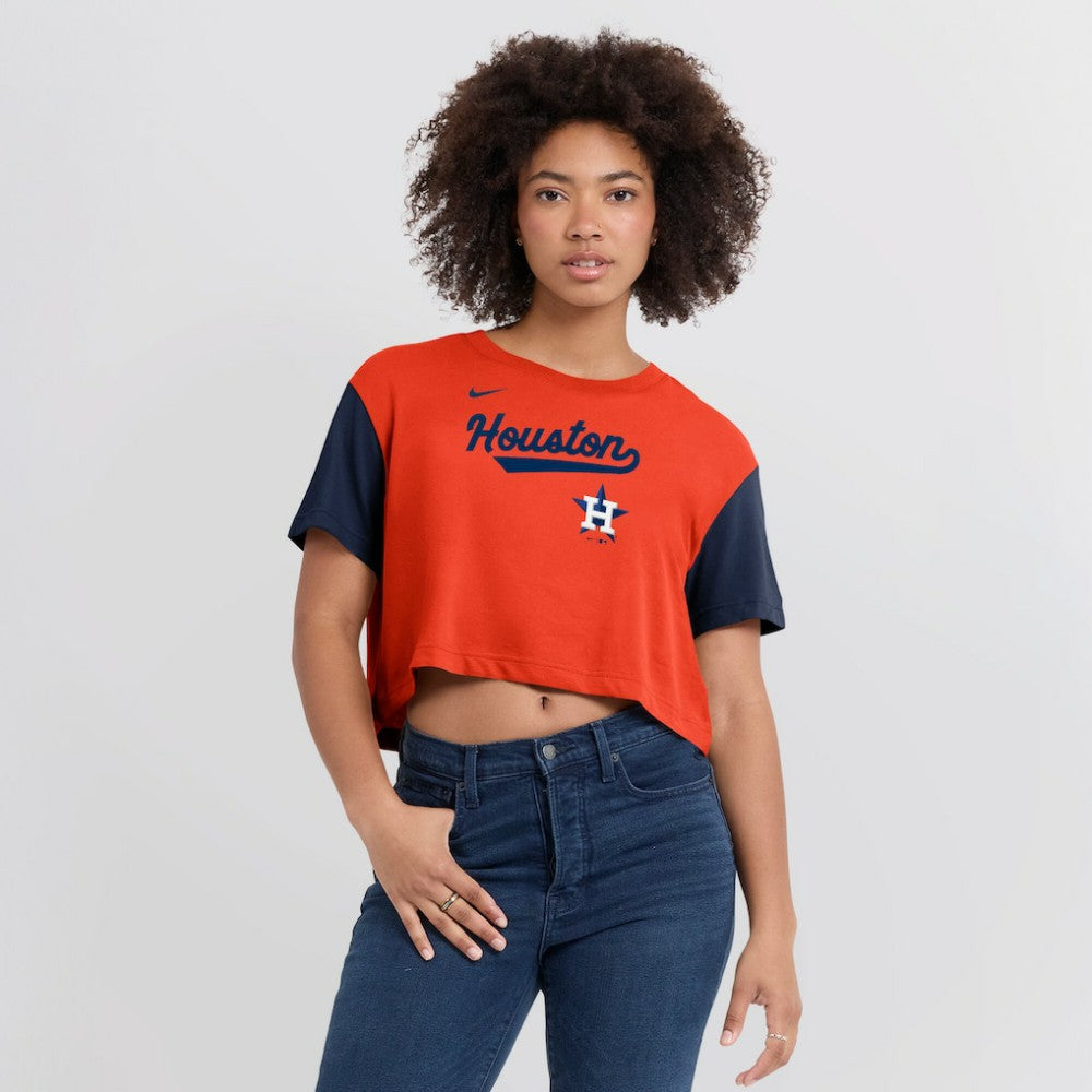 Orange/Navy Houston Astros Nike Women's Script Dri-FIT Cropped T-Shirt