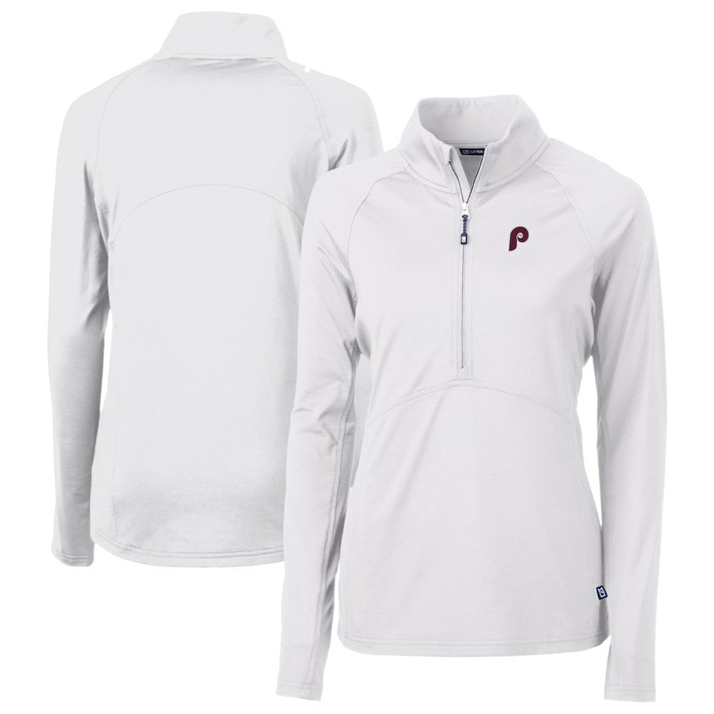 White Philadelphia Phillies Cutter & Buck Women's Cooperstown Collection DryTec Adapt Eco Knit Stretch Recycled Raglan Half-Zip Top