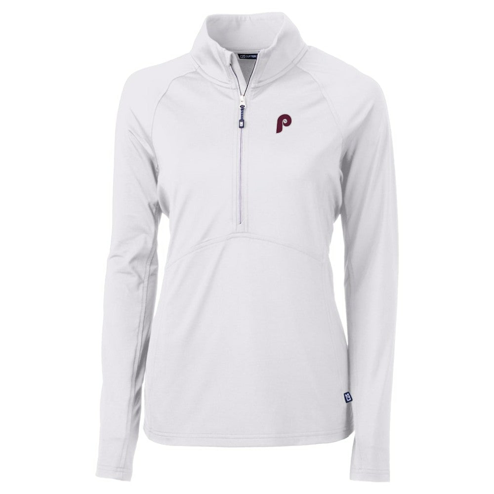 White Philadelphia Phillies Cutter & Buck Women's Cooperstown Collection DryTec Adapt Eco Knit Stretch Recycled Raglan Half-Zip Top