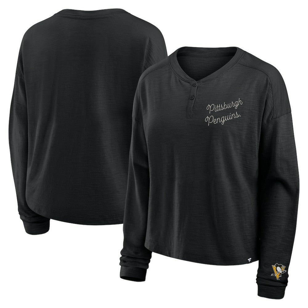 NHL Pittsburgh Penguins Fanatics Women's Oversized All Out Effort Long Sleeve Henley T-Shirt