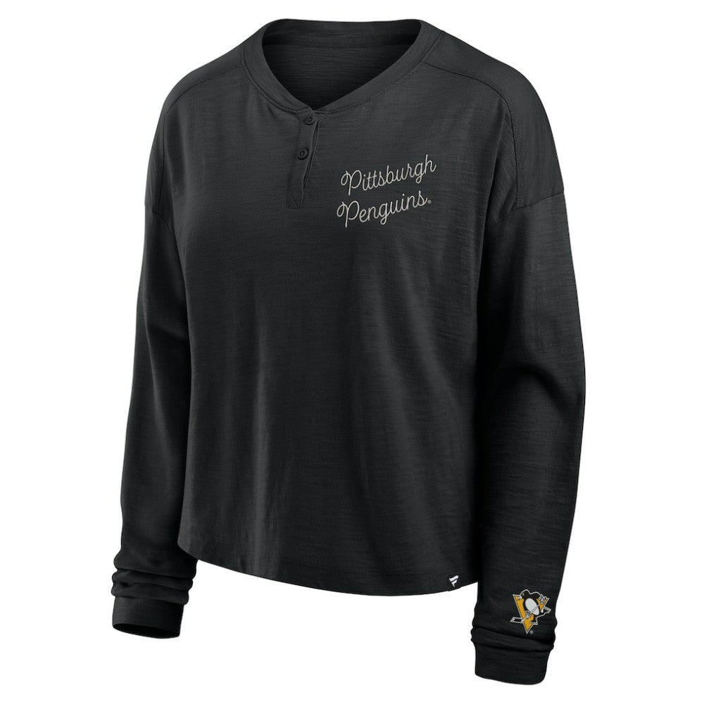 NHL Pittsburgh Penguins Fanatics Women's Oversized All Out Effort Long Sleeve Henley T-Shirt