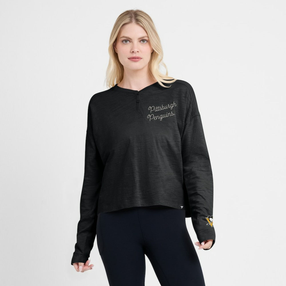 NHL Pittsburgh Penguins Fanatics Women's Oversized All Out Effort Long Sleeve Henley T-Shirt