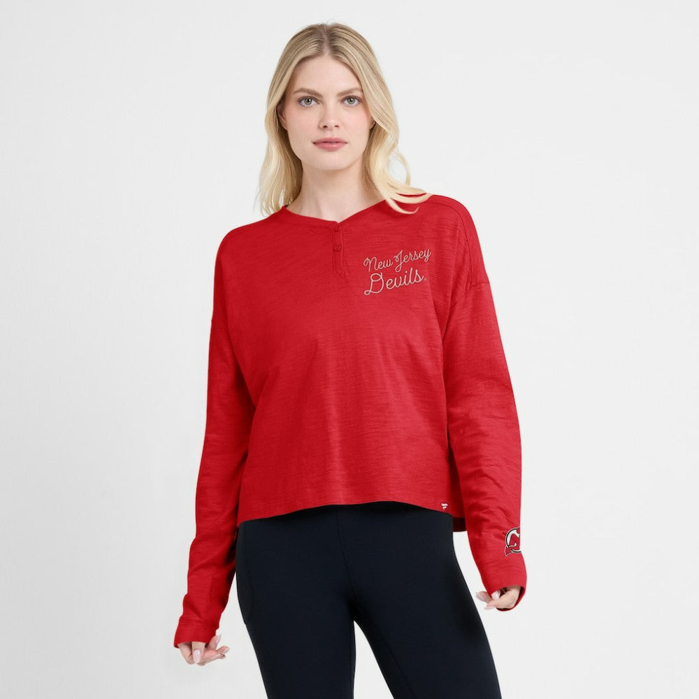 NHL New Jersey Devils Fanatics Women's Oversized All Out Effort Long Sleeve Henley T-Shirt