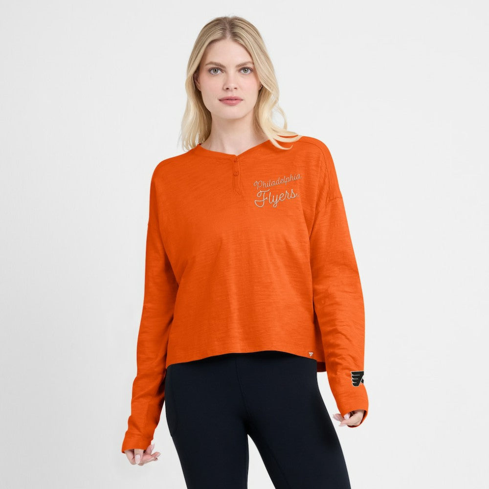 NHL Philadelphia Flyers Fanatics Women's Oversized All Out Effort Long Sleeve Henley T-Shirt