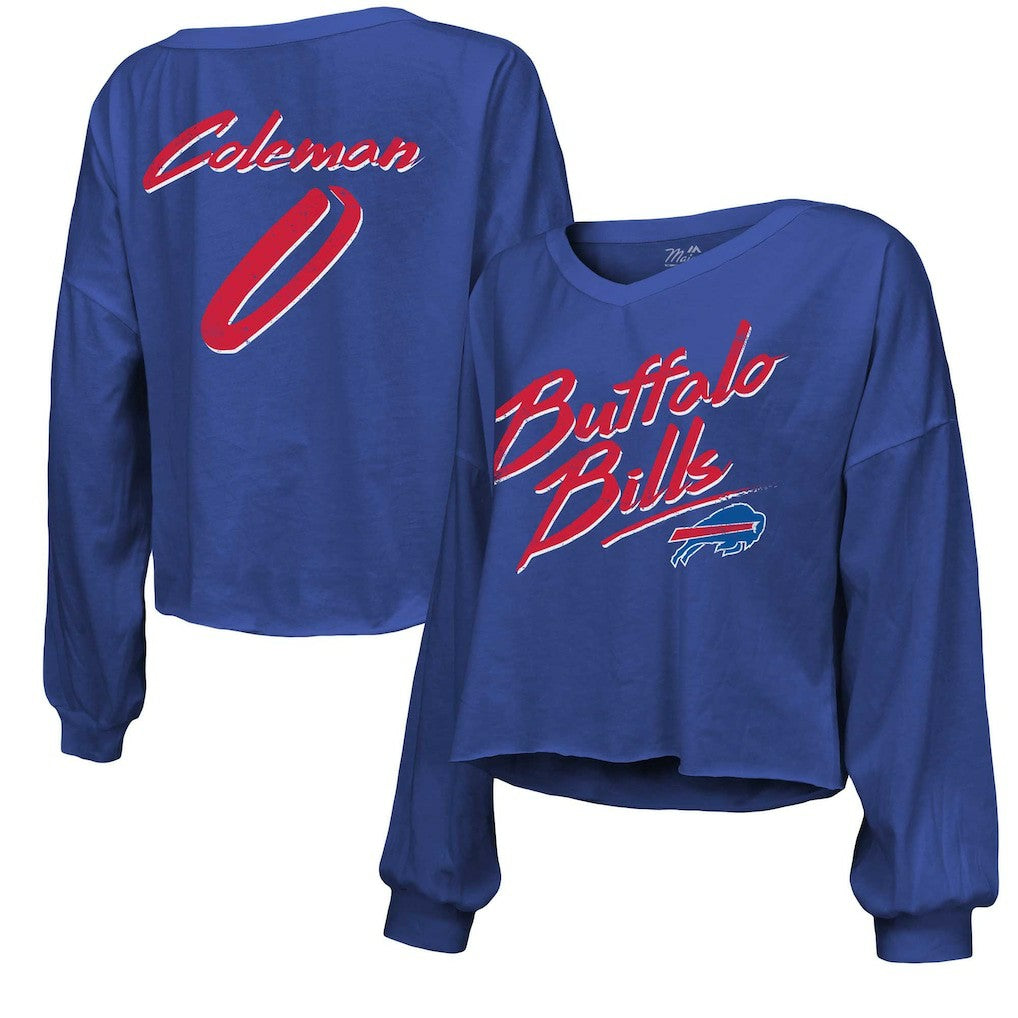 Keon Coleman  Majestic Threads Women's Name & Number Off-Shoulder Script Cropped Long Sleeve V-Neck T-Shirt - Buffalo Bills T-shirts