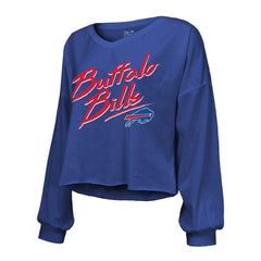 Keon Coleman  Majestic Threads Women's Name & Number Off-Shoulder Script Cropped Long Sleeve V-Neck T-Shirt - Buffalo Bills T-shirts
