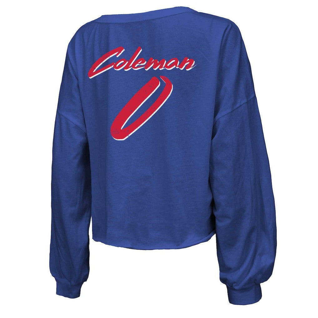 Keon Coleman  Majestic Threads Women's Name & Number Off-Shoulder Script Cropped Long Sleeve V-Neck T-Shirt - Buffalo Bills T-shirts