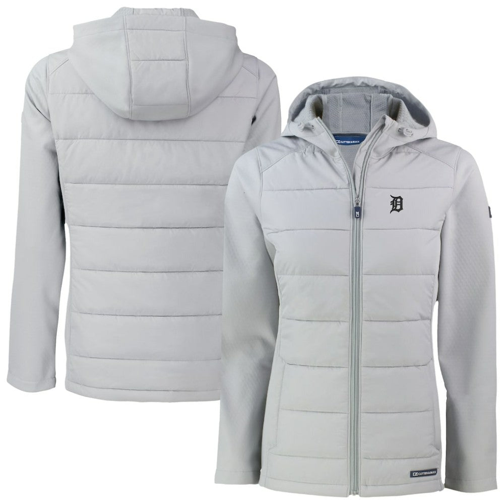 Gray Detroit Tigers Cutter & Buck Women's Evoke Hybrid Eco Softshell Recycled Full-Zip Hooded Jacket