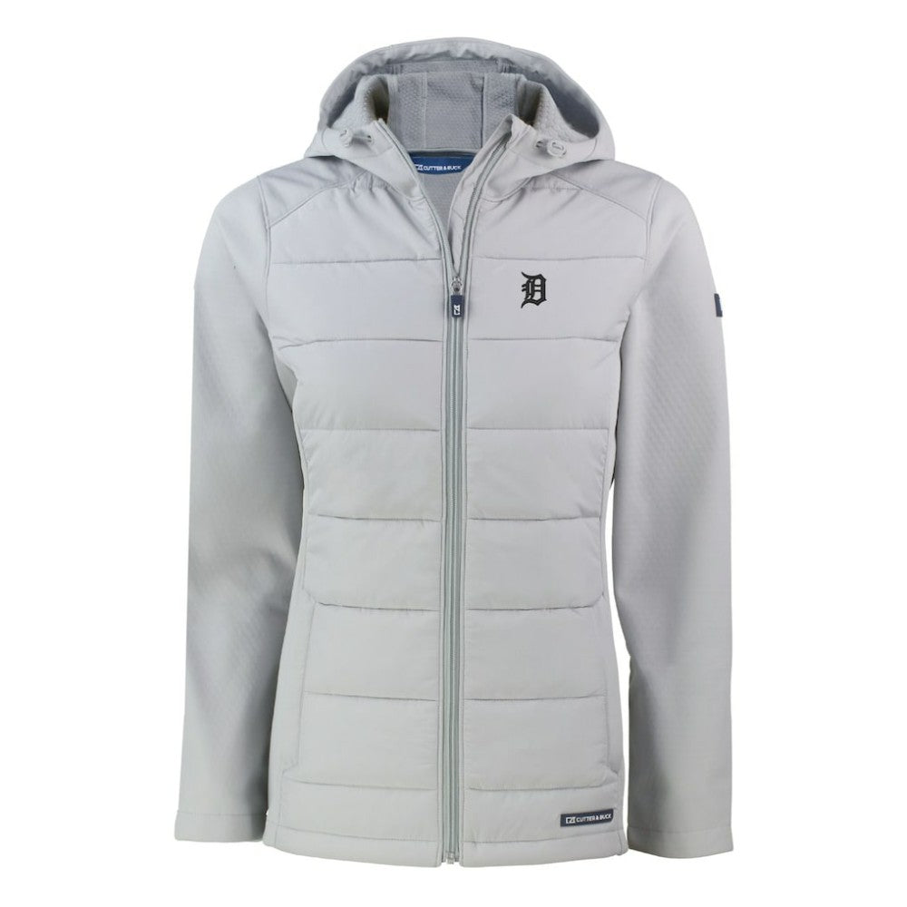 Gray Detroit Tigers Cutter & Buck Women's Evoke Hybrid Eco Softshell Recycled Full-Zip Hooded Jacket