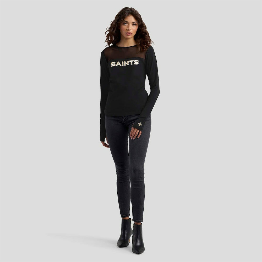 WEAR by Erin Andrews x Gracie Hunt Women's Mesh Panel Long Sleeve T-Shirt - New Orleans Saints T-shirts