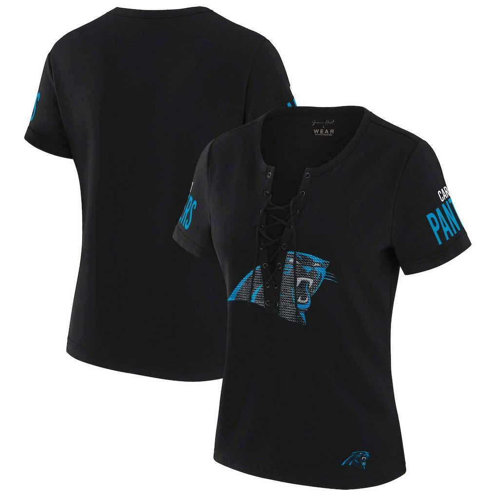 WEAR by Erin Andrews x Gracie Hunt Women's Draft Me Lace-Up T-Shirt - Carolina Panthers T-shirts