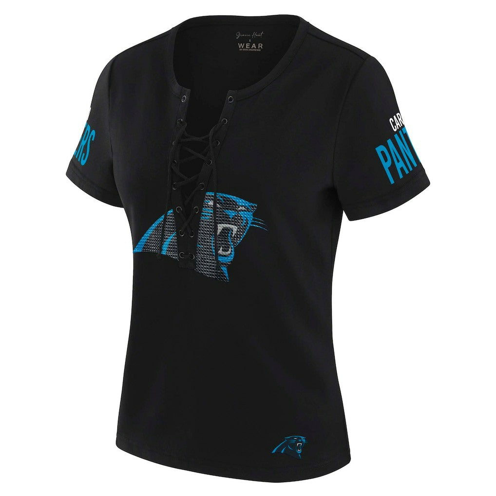 WEAR by Erin Andrews x Gracie Hunt Women's Draft Me Lace-Up T-Shirt - Carolina Panthers T-shirts
