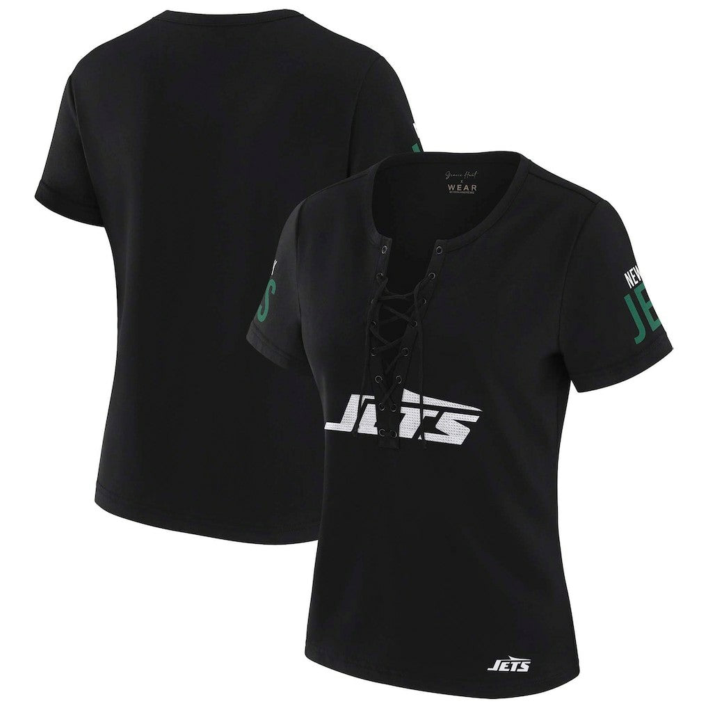 WEAR by Erin Andrews x Gracie Hunt Women's Draft Me Lace-Up T-Shirt - New York Jets T-shirts