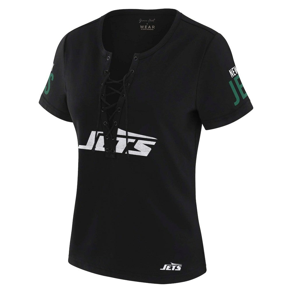 WEAR by Erin Andrews x Gracie Hunt Women's Draft Me Lace-Up T-Shirt - New York Jets T-shirts