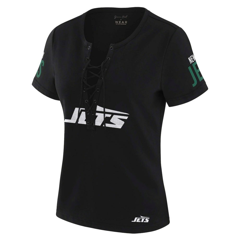 WEAR by Erin Andrews x Gracie Hunt Women's Draft Me Lace-Up T-Shirt - New York Jets T-shirts