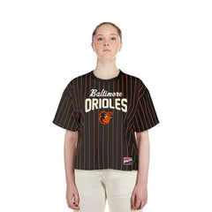 Black Baltimore Orioles New Era Women's Cooperstown Collection Multiplier Pinstripe Cropped T-Shirt