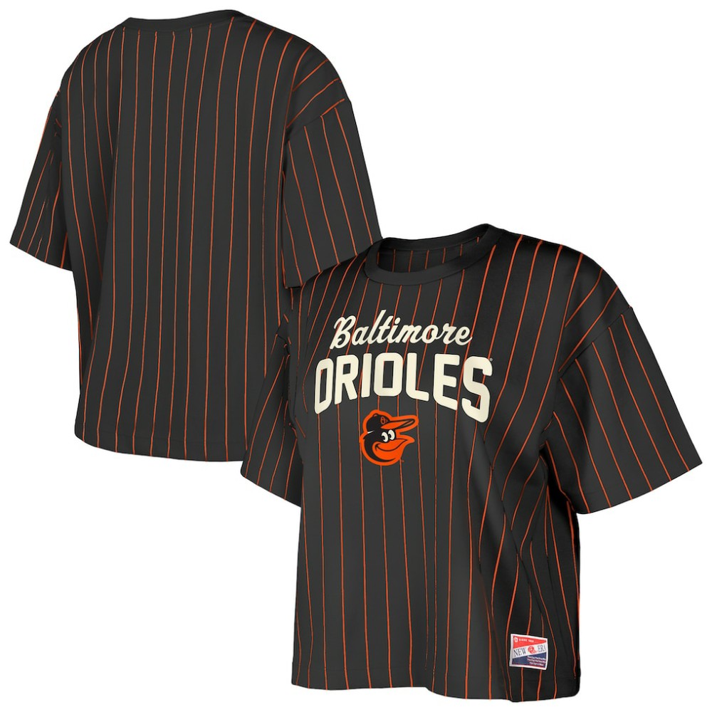 Black Baltimore Orioles New Era Women's Cooperstown Collection Multiplier Pinstripe Cropped T-Shirt