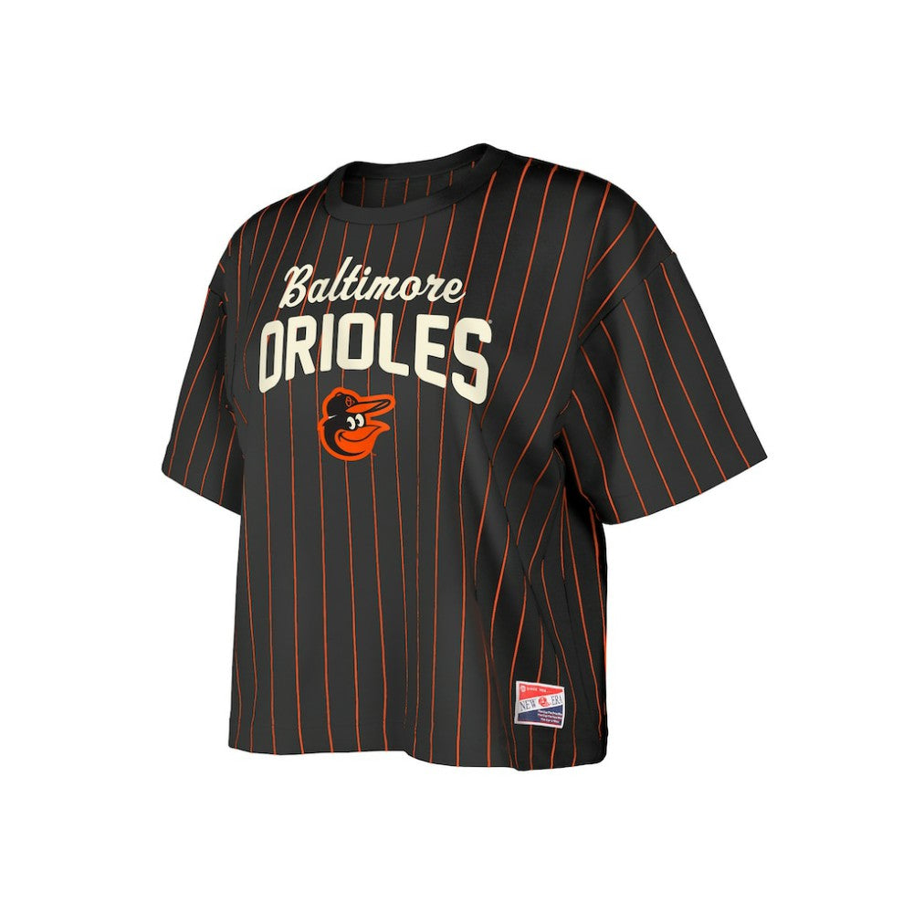 Black Baltimore Orioles New Era Women's Cooperstown Collection Multiplier Pinstripe Cropped T-Shirt