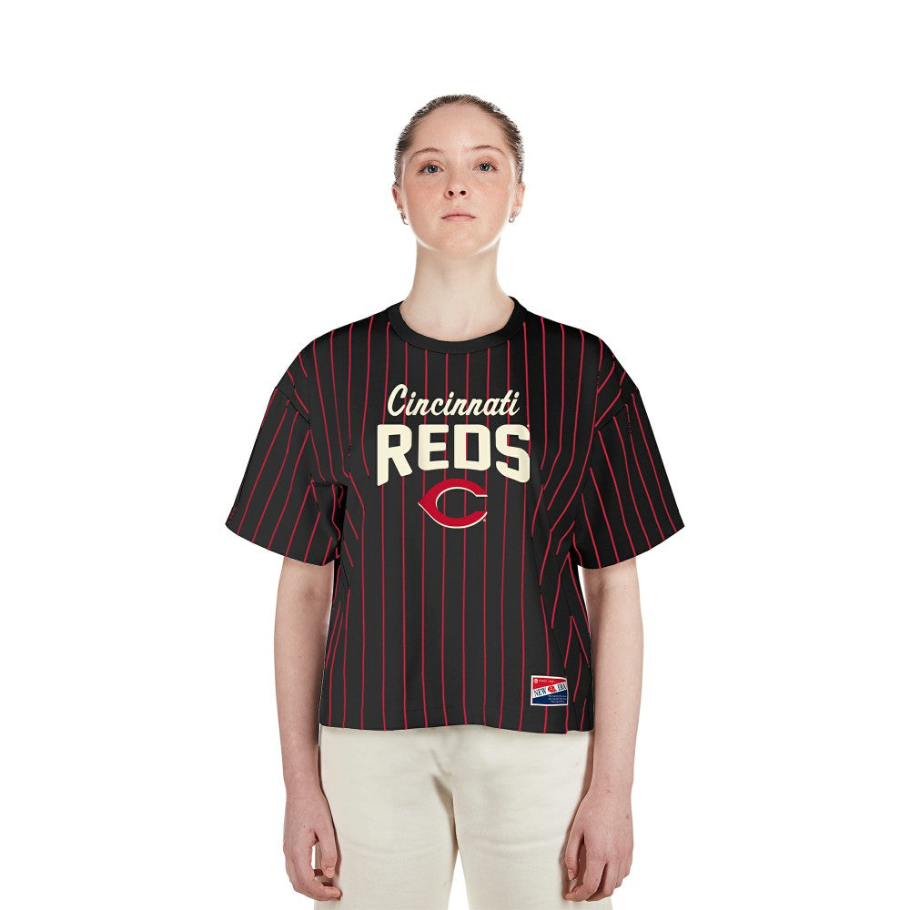 Black Cincinnati Reds New Era Women's Cooperstown Collection Multiplier Pinstripe Cropped T-Shirt