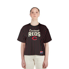 Black Cincinnati Reds New Era Women's Cooperstown Collection Multiplier Pinstripe Cropped T-Shirt