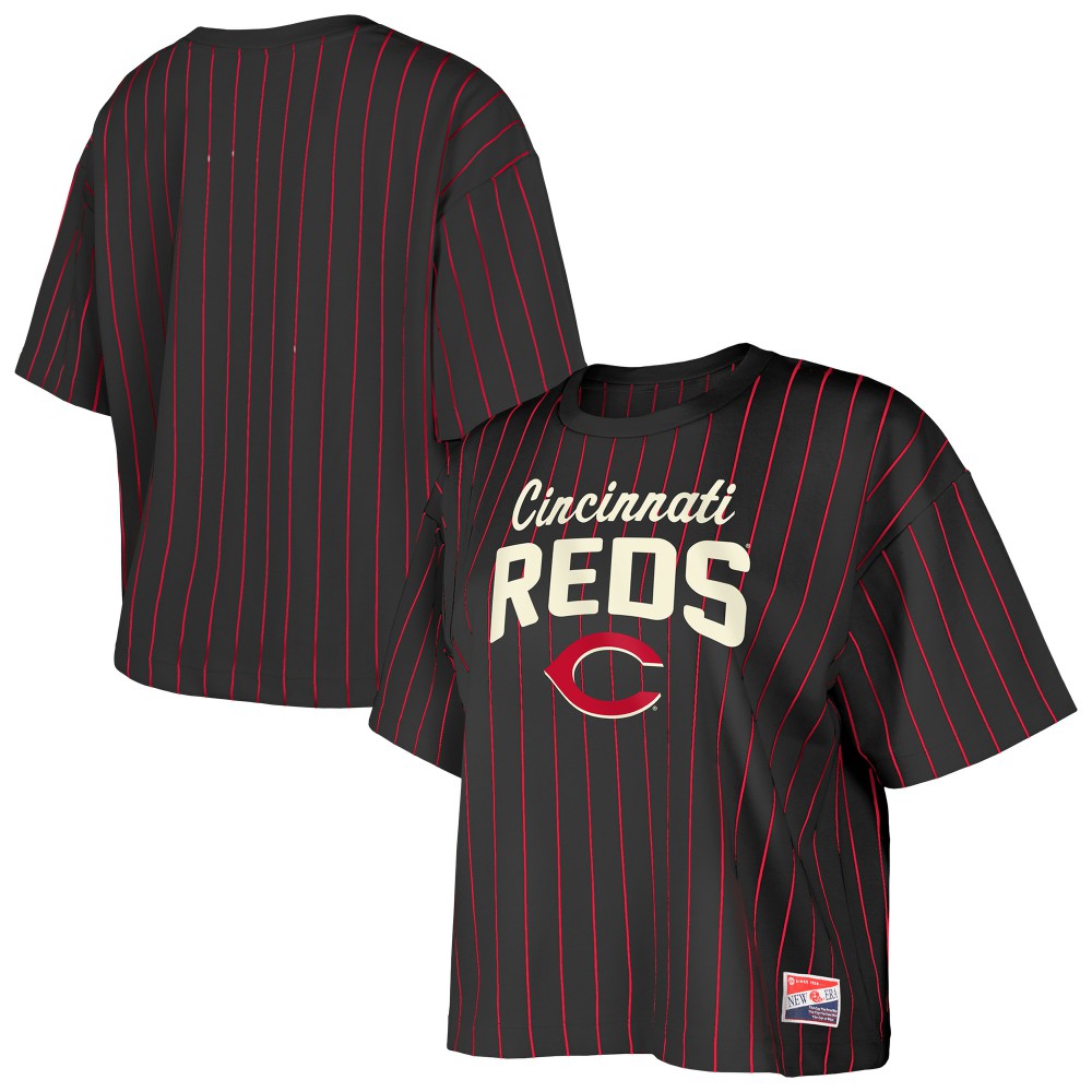Black Cincinnati Reds New Era Women's Cooperstown Collection Multiplier Pinstripe Cropped T-Shirt