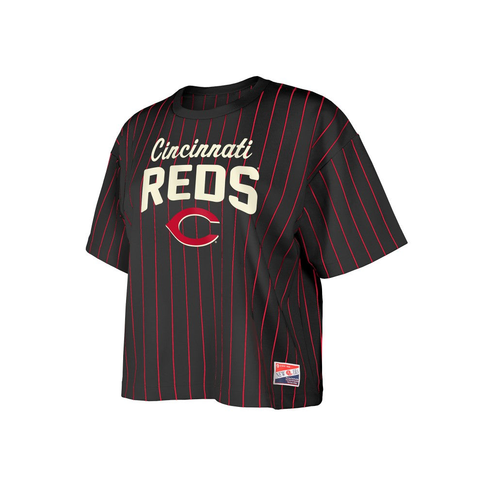 Black Cincinnati Reds New Era Women's Cooperstown Collection Multiplier Pinstripe Cropped T-Shirt