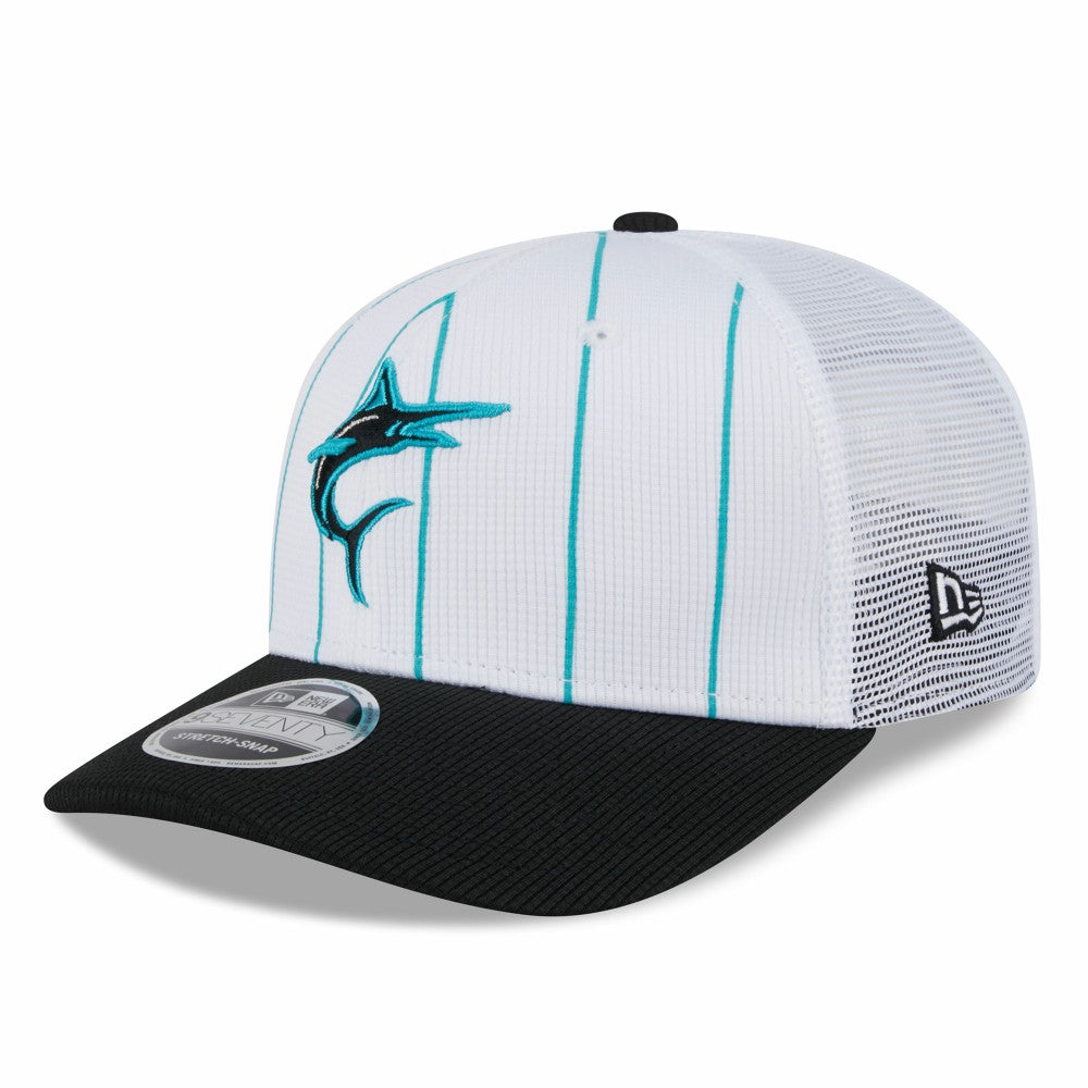White/Black Miami Marlins New Era 2025 Batting Practice 9SEVENTY Stretch-Snap Trucker Hat