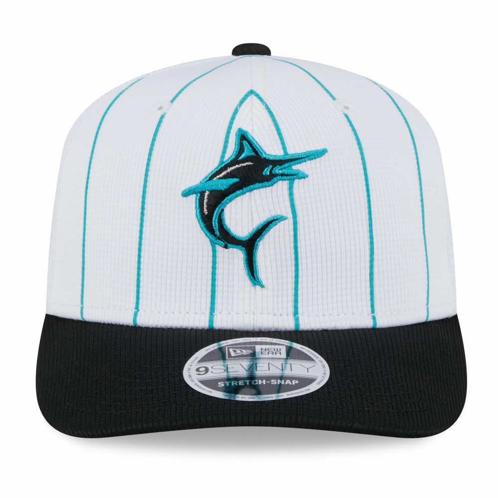 White/Black Miami Marlins New Era 2025 Batting Practice 9SEVENTY Stretch-Snap Trucker Hat