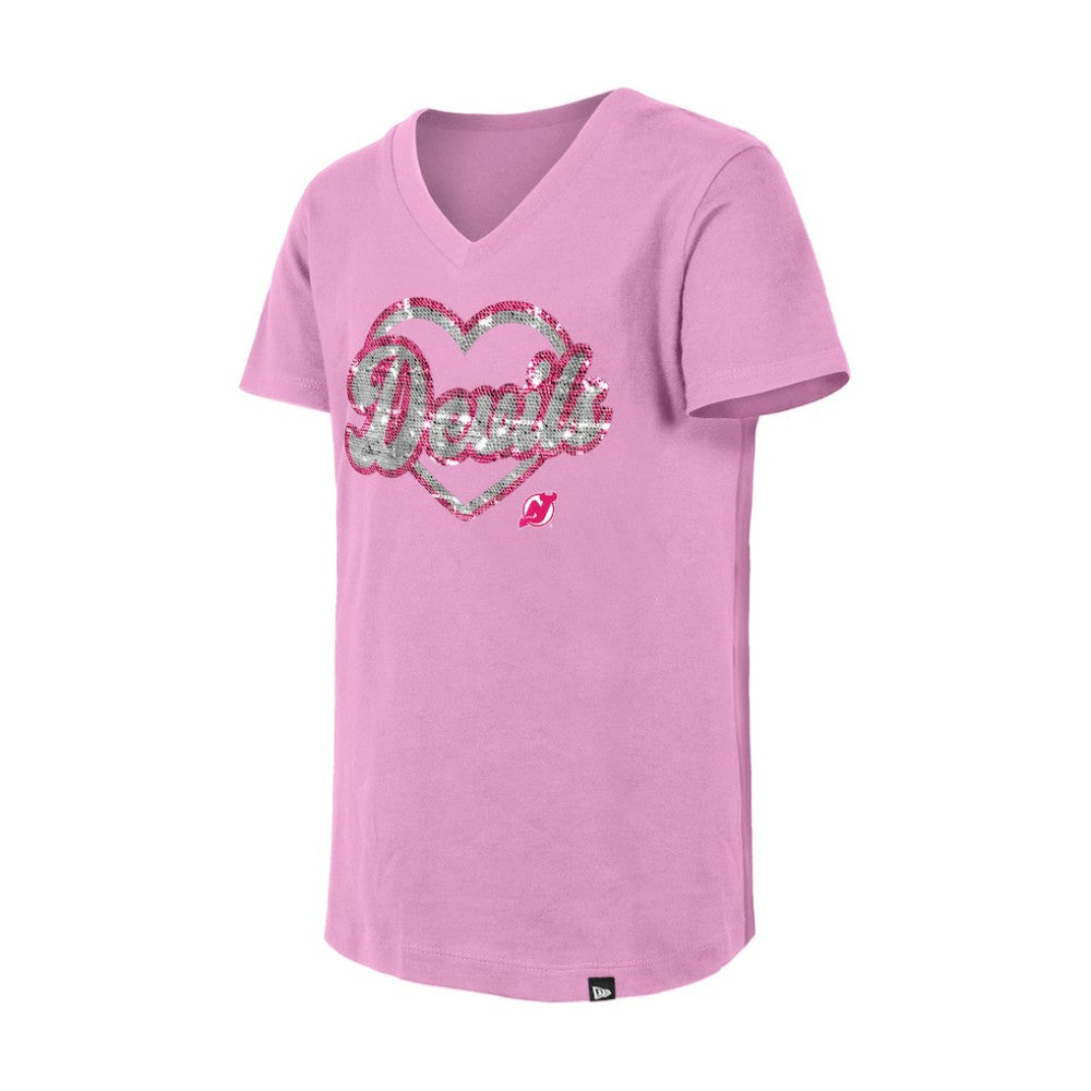 NHL New Jersey Devils New Era Girl's Youth Flip Sequin V-Neck T-Shirt