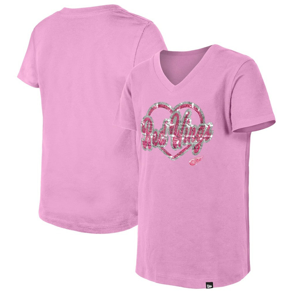 NHL Detroit Red Wings New Era Girl's Youth Flip Sequin V-Neck T-Shirt