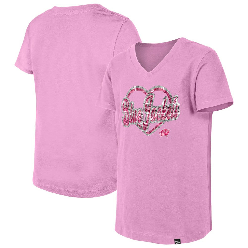 NHL Columbus Blue Jackets New Era Girl's Youth Flip Sequin V-Neck T-Shirt