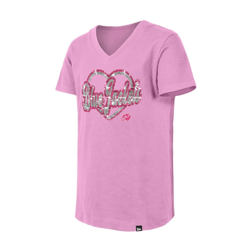 NHL Columbus Blue Jackets New Era Girl's Youth Flip Sequin V-Neck T-Shirt