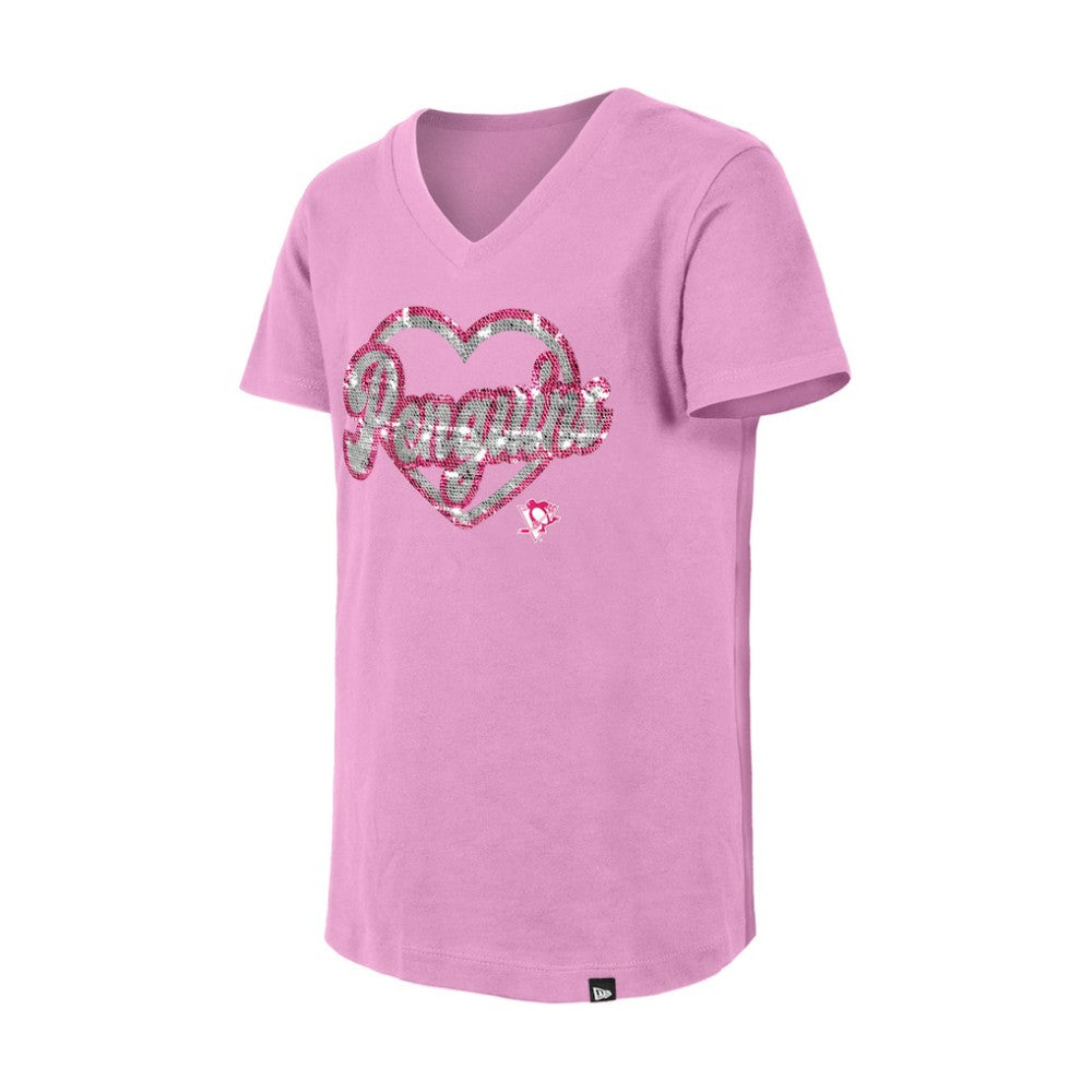 NHL Pittsburgh Penguins New Era Girl's Youth Flip Sequin V-Neck T-Shirt