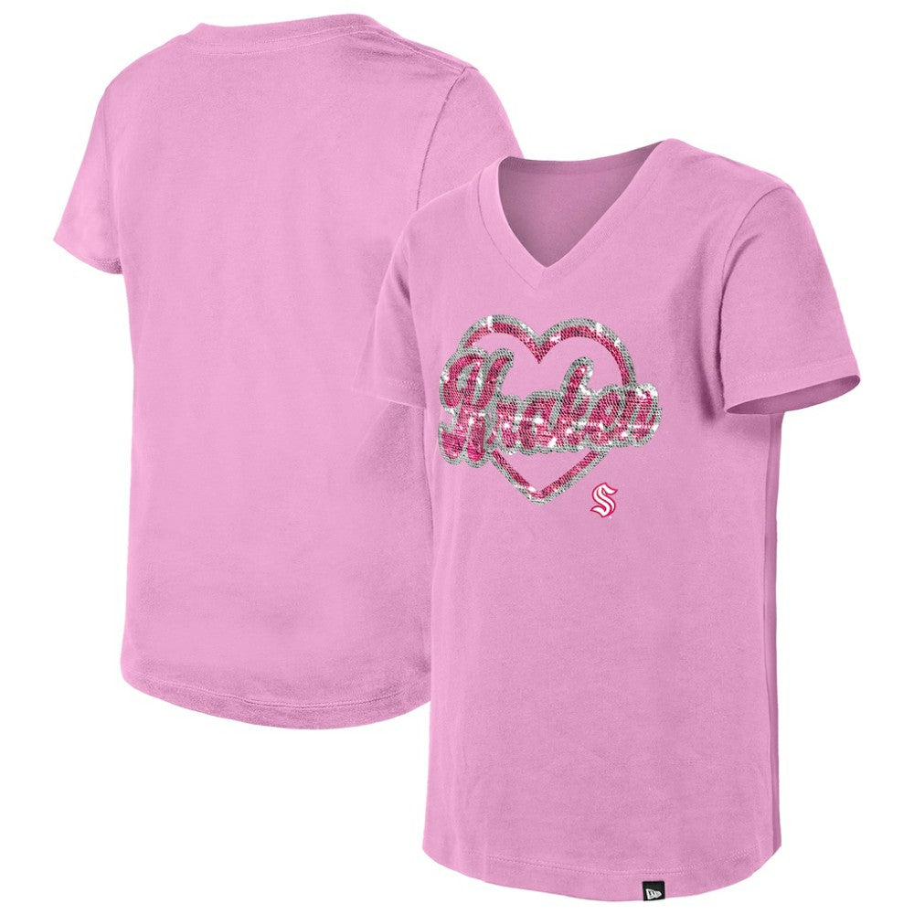 NHL Seattle Kraken New Era Girl's Youth Flip Sequin V-Neck T-Shirt
