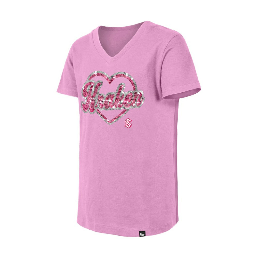 NHL Seattle Kraken New Era Girl's Youth Flip Sequin V-Neck T-Shirt