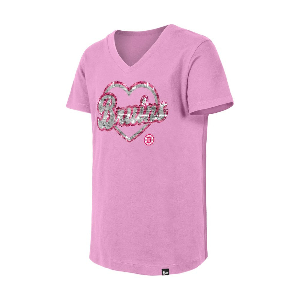 NHL Boston Bruins New Era Girl's Youth Flip Sequin V-Neck T-Shirt