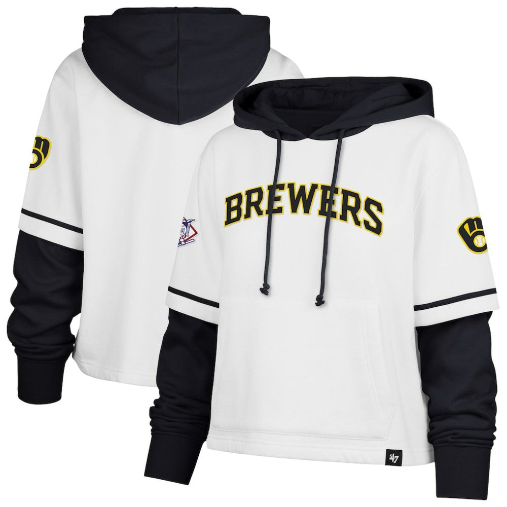 White Milwaukee Brewers '47 Women's Trifecta Shortstop Cropped Pullover Hoodie