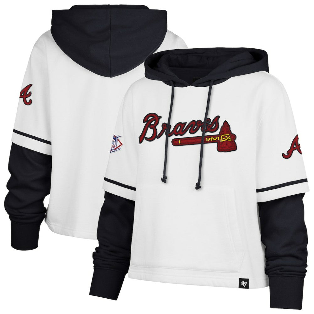 White Atlanta Braves '47 Women's Trifecta Shortstop Cropped Pullover Hoodie