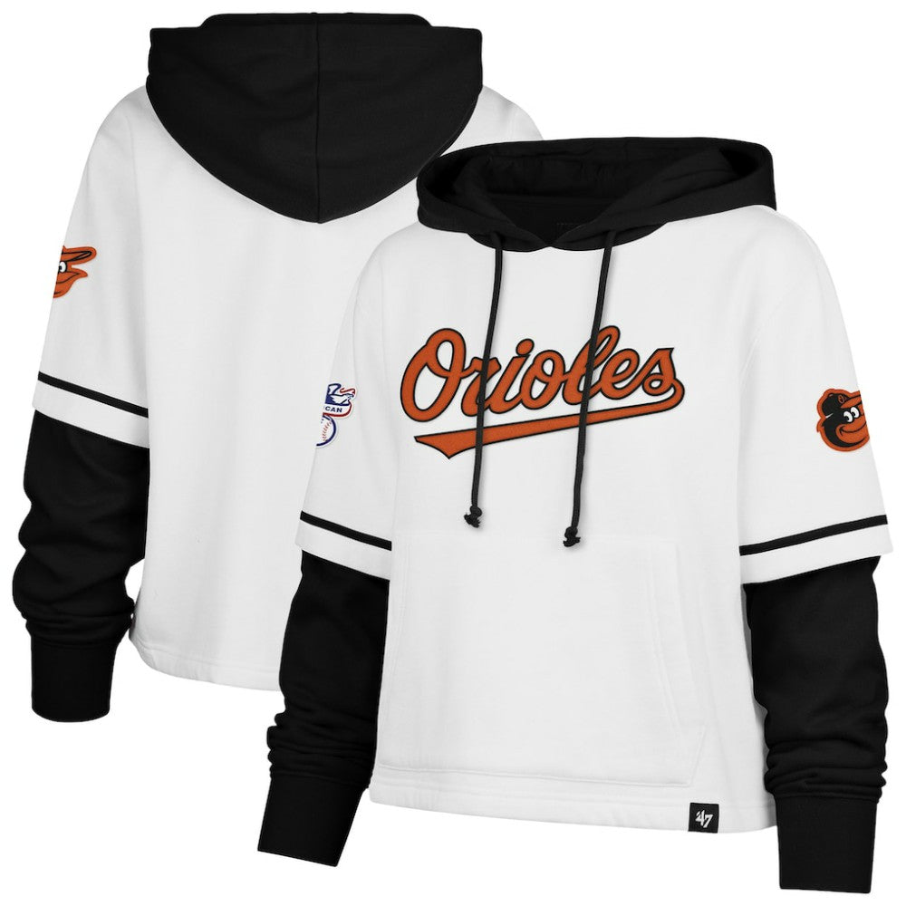 White Baltimore Orioles '47 Women's Trifecta Shortstop Cropped Pullover Hoodie