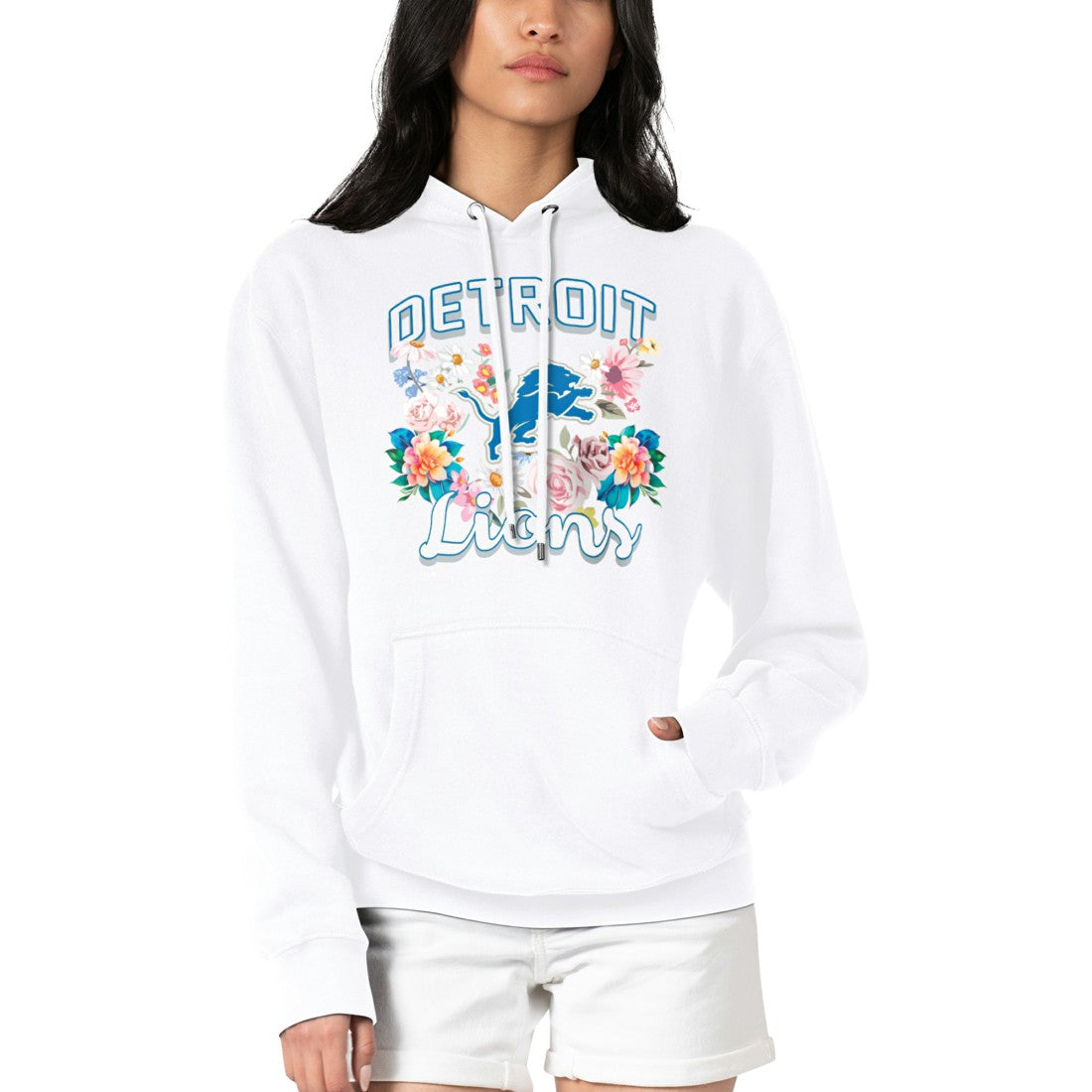 G-III 4Her by Carl Banks Women's Flowers Team Logo Graphic Fleece Pullover Hoodie - Detroit Lions Hoodies