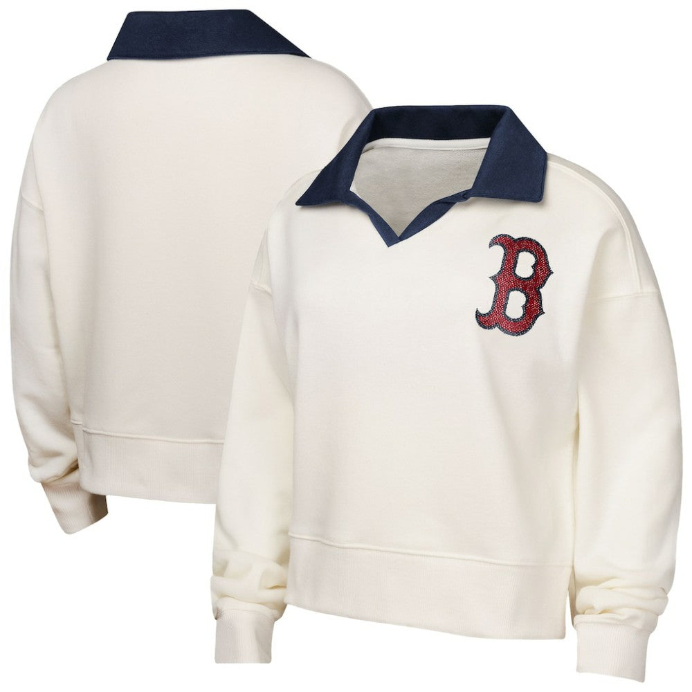 White Boston Red Sox Girls Youth Ballpark Hit Collared V-Neck Pullover Sweatshirt