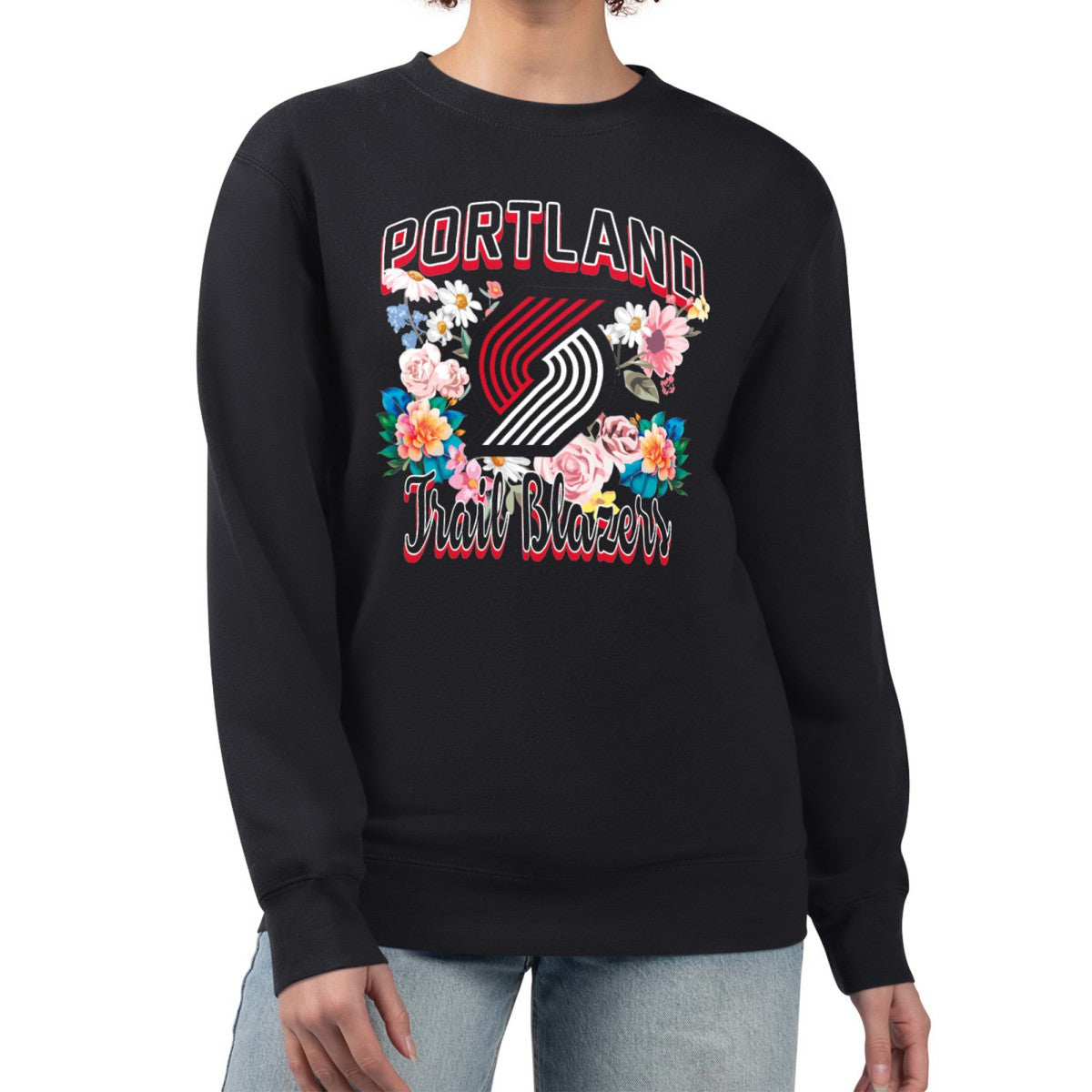 Portland Trail Blazers G-III 4Her by Carl Banks Women's Flowers Team Logo Graphic Fleece Crewneck Pullover Sweatshirt