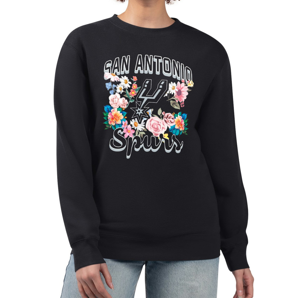 San Antonio Spurs G-III 4Her by Carl Banks Women's Flowers Team Logo Graphic Fleece Crewneck Pullover Sweatshirt