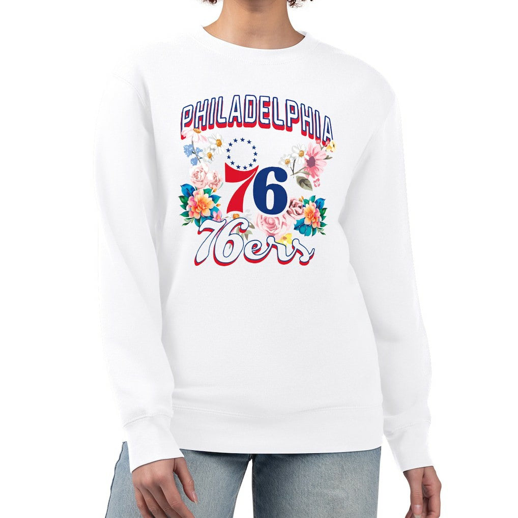 Philadelphia 76ers G-III 4Her by Carl Banks Women's Flowers Team Logo Graphic Fleece Crewneck Pullover Sweatshirt
