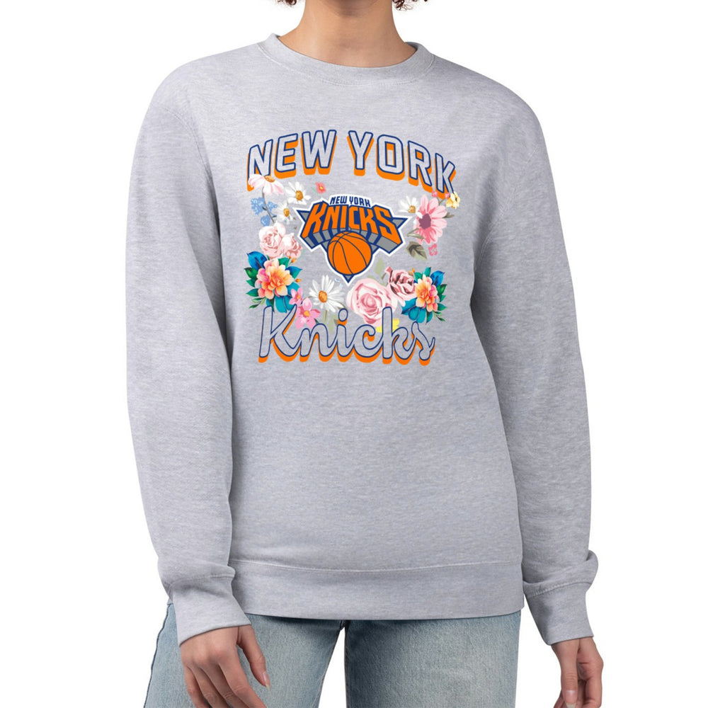 New York Knicks G-III 4Her by Carl Banks Women's Flowers Team Logo Graphic Fleece Crewneck Pullover Sweatshirt