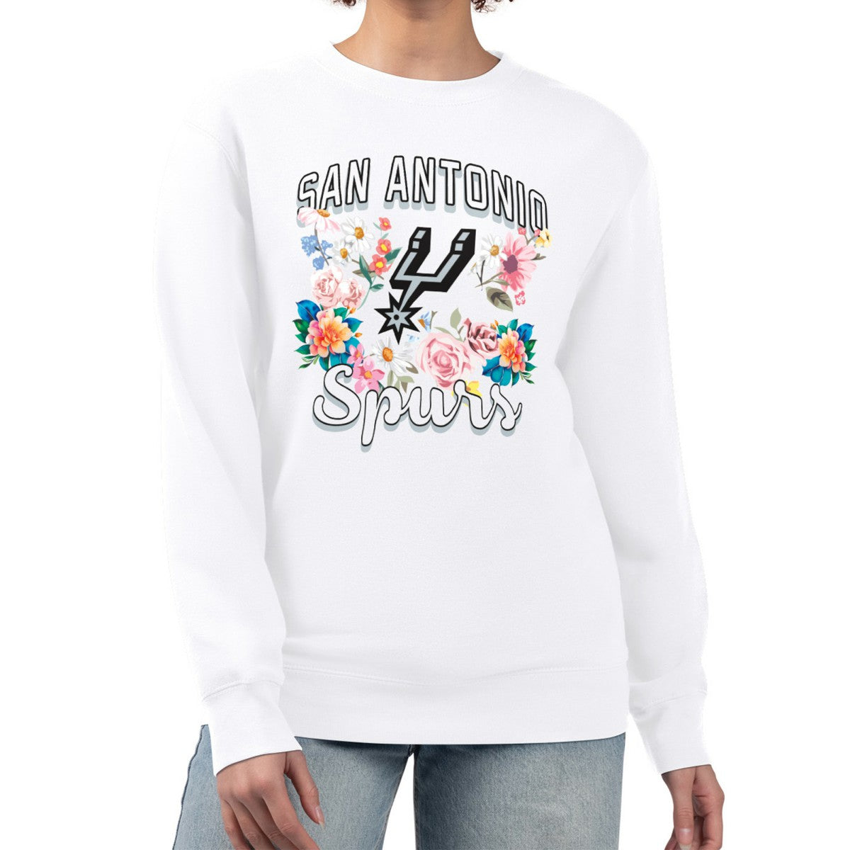 San Antonio Spurs G-III 4Her by Carl Banks Women's Flowers Team Logo Graphic Fleece Crewneck Pullover Sweatshirt
