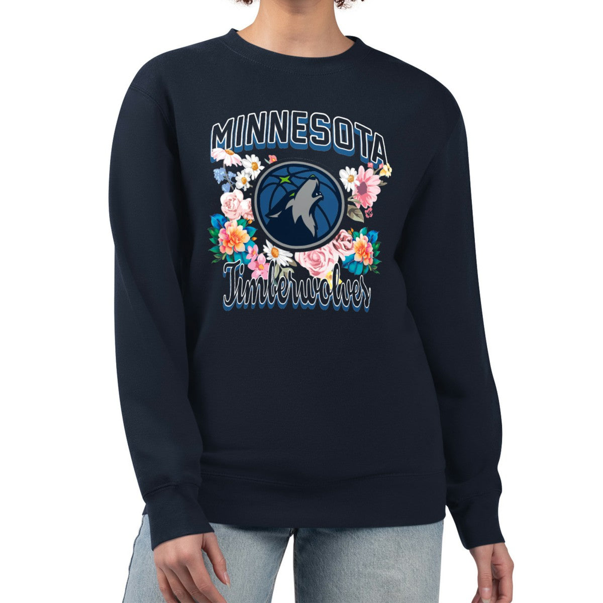 Minnesota Timberwolves G-III 4Her by Carl Banks Women's Flowers Team Logo Graphic Fleece Crewneck Pullover Sweatshirt