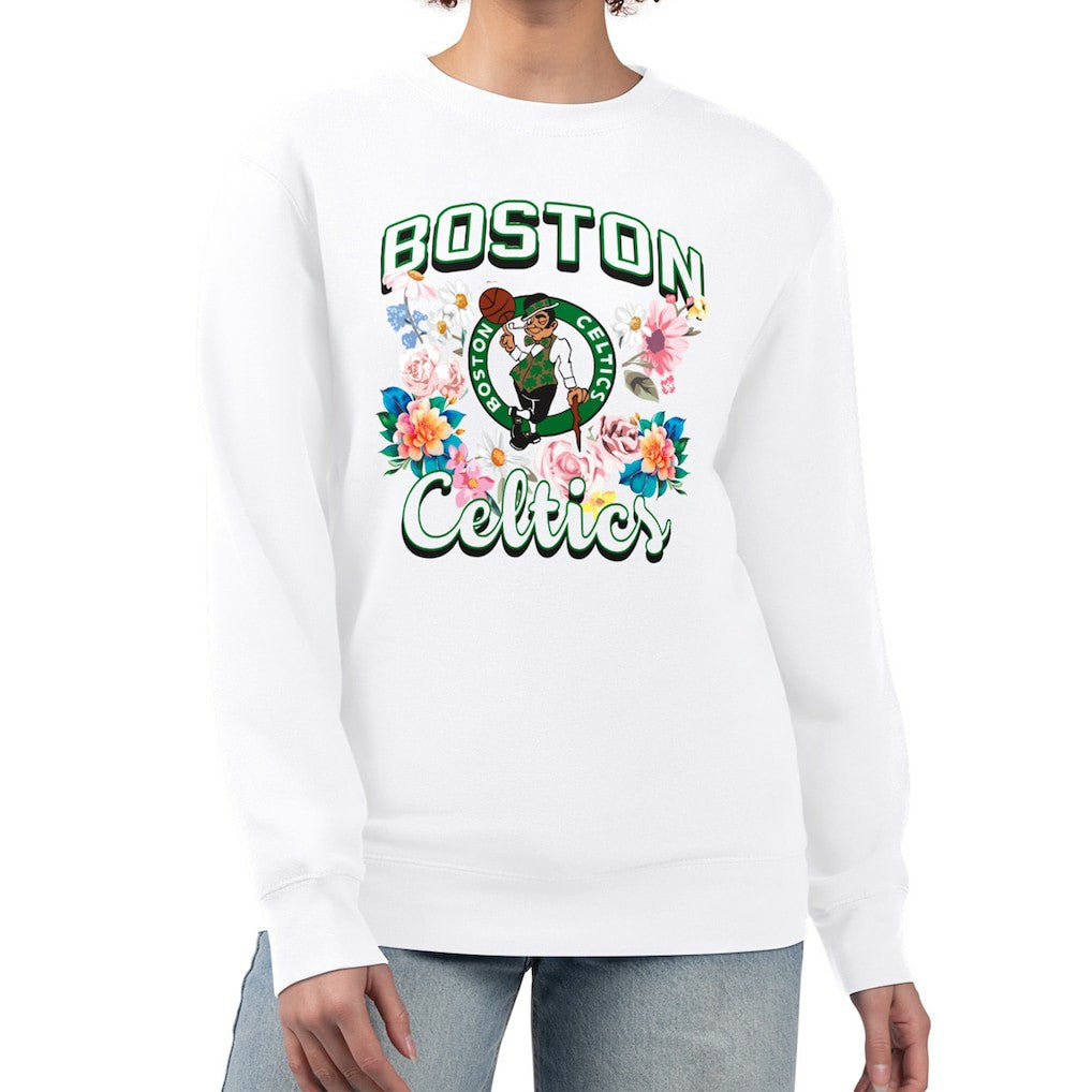 Boston Celtics G-III 4Her by Carl Banks Women's Flowers Team Logo Graphic Fleece Crewneck Pullover Sweatshirt